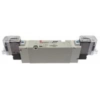 Five-way, three-position directional control valve with solenoid actuation and spring return. Operates on 110V AC with a maximum flow rate of 22.1 cfm. Features plug-in connector, internal pilot, and non-locking manual override. Used in automated pneumatic systems to direct compressed air to actuators and cylinders
