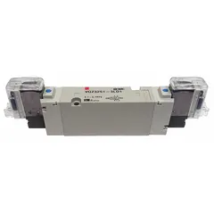 Five-way, three-position directional control valve with solenoid actuation and spring return. Operates on 110V AC with a maximum flow rate of 22.1 cfm. Features plug-in connector, internal pilot, and non-locking manual override. Used in automated pneumatic systems to direct compressed air to actuators and cylinders.