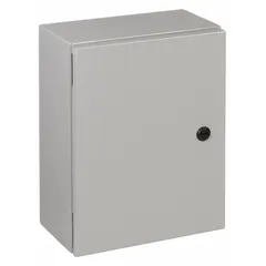 Steel enclosure rated NEMA 12/13/3R/4 for indoor and outdoor use. Measures 24 x 16 x 8 inches with a solid hinged cover secured by a 1/4-turn latch. No knockouts provided. Suitable for protecting electrical controls and wiring in environments requiring protection from dust, falling dirt, dripping water, hose-directed water, rain, and sleet.
