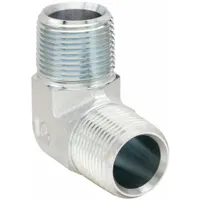 This threaded high-pressure pipe elbow features male NPT threads on both ends, sized 1 1/4 in x 1 1/4 in, with a maximum operating pressure of 2,500 psi. It is used to connect two male-threaded pipes at a 90-degree angle in hydraulic and pneumatic systems requiring reliable sealing under high pressure