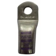 Straight copper/tin lug for 4/0 gauge wire with a 1/2 inch stud size. Supports crimp or solder termination. Yellow color, no raised pads. Used for terminating battery cables or heavy-gauge wiring in electrical systems.