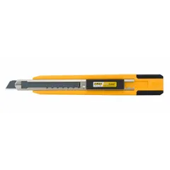 This 9mm snap-off knife features a plain straight blade with 13 segments and stores 5 blades in the yellow plastic handle. The blade can be snapped to expose a fresh cutting edge without sharpening. Suitable for cutting cardboard, drywall, plastic strapping, and other sheet materials.