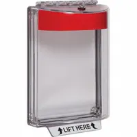 Clear polycarbonate guard for dual action pull stations, with IP56 water resistance and flush mount design. Includes mounting hardware and LIFT HERE legend. Protects against vandalism and accidental damage in outdoor locations