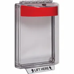 Clear polycarbonate guard for dual action pull stations, with IP56 water resistance and flush mount design. Includes mounting hardware and LIFT HERE legend. Protects against vandalism and accidental damage in outdoor locations.