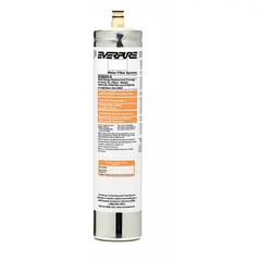 Carbon-media filter for drinking fountains and beverage machines. Reduces chlorine taste. Flow rate 1.5 gpm, capacity 10,000 gallons, overall height 14 inches. Quick-connect design for easy installation.