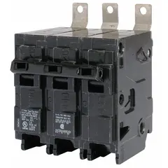 Three-pole miniature circuit breaker rated 45 A at 240V AC, with standard trip characteristics and a maximum interrupting rating of 65kA at 240V AC. Designed for bolt-on installation in P1 panelboards, it provides overcurrent protection in three-phase electrical distribution systems.