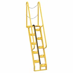 These yellow perforated steel stairs feature an alternating tread design that reduces footprint while maintaining a safe climbing angle. Suitable for accessing elevated platforms, mezzanines, or machinery in industrial settings where floor space is limited. Load capacity 350 lb.