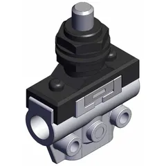 This VM100 Series manual air control valve features a plunger actuator with 3 ports and an M5 bottom-ported body. It is used in pneumatic systems to select the higher of two input pressures for logic or safety functions. The compact bottom-ported design suits tight installations in industrial automation, packaging, and material handling equipment.