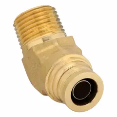 Brass push-to-connect elbow adapter for connecting 1/4 in OD tubing to 1/4 in male NPT ports. Used in pneumatic and air brake systems for secure, tool-free joints.