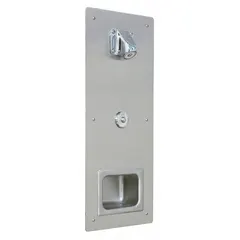This institutional shower panel is constructed of brass with a 24-inch overall height. It features a fixed showerhead with a 2 gpm flow rate and an adjustable spray angle of 25° to 30°. The panel includes security pin screws and uses NPT connections. It is not ADA compliant.