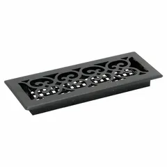 One-way, non-adjustable steel floor grille with a black textured finish. Measures 13 1/2 inches in height and 5 1/2 inches in width. Used for directing airflow from floor ducts in HVAC systems.