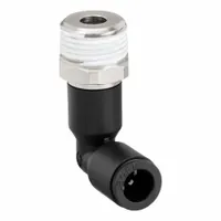 This LEGRIS tube fitting is a nylon and nickel-plated brass elbow with a BSPT male thread on one end and a push-to-connect fitting for 14 mm OD tubing on the other. It is used to connect 3/8 in BSPT pipe to tubing in pneumatic systems for air or inert gas lines