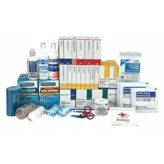 This unitized first aid kit refill serves 100 people with 676 components, meeting ANSI/ISEA Z308.1-2015 Type I/II standards for industrial settings. Includes a tourniquet, 25 fingertip bandages, 25 burn creams, and 100 antacids. Latex free, not water resistant.