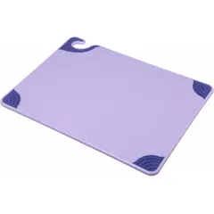 This SAN JAMAR cutting board is made from a proprietary blend in purple, measuring 15 inches wide by 20 inches long. It is NSF certified for sanitation compliance. Commonly used in commercial food preparation to designate specific food types and help prevent cross-contamination.