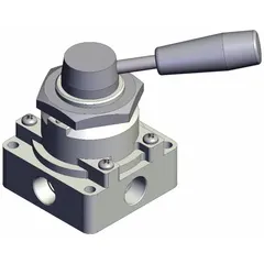 This manual air control valve features a lever actuator and a two-position, side-ported body designed for panel mounting. With 3/8 in NPT ports, it provides straightforward on/off or directional control in pneumatic circuits. Typical applications include industrial automation, packaging, and material handling systems requiring reliable manual air flow switching.
