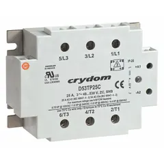 Surface-mounted solid state relay with SCR output for switching AC loads. Form A (SPST-NO) configuration, output voltage range 48 to 530 VAC, maximum output current 25 A. Finger-safe design; operation without a heat sink is not recommended.