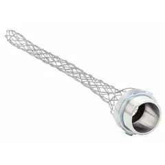 Straight metallic cord grip with mesh strain relief, aluminum body, galvanized steel external strain relief. 1-1/4 in MNPT box connection, accepts cord diameters 0.97 to 1.25 in. Rated for Class II, Division 1 & 2 hazardous locations. Used for securing and sealing cables in environments with combustible dust.