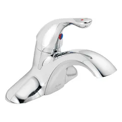 Centerset bathroom faucet with chrome finish and brass construction. Includes 4-inch spaced copper supply tubes with 1/2-inch IPS fittings. Flow rate of 1.2 gpm. Suitable for commercial and high-traffic restroom applications.