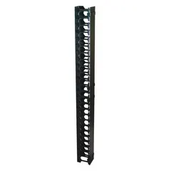 Single-sided vertical cable management system for organizing and routing cables in 27U server racks. Constructed from steel with a black finish, it has an overall height of 42 inches. Used in data centers, IT closets, and network installations to maintain tidy cabling and improve airflow.