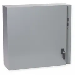 This WIEGMANN disconnect switch electrical enclosure is constructed from powder-coated steel and measures 20 inches by 22 inches by 8 inches. It features a latch closure method. Typical applications include housing and protecting disconnect switches in industrial environments where protection from dust, dirt, rain, and hose-directed water is required.