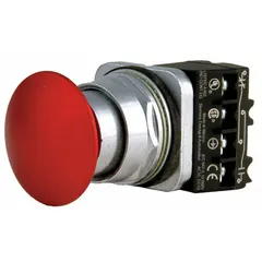 Non-illuminated maintained-action push button with a 30 mm metallic mushroom head profile. Features 1 normally open and 1 normally closed contact with pressure plate terminal connections. Suitable for use as a control device in industrial machinery and panel applications where a large, easy-to-operate actuator is required.