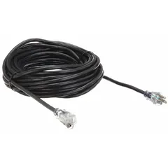 This outdoor extension cord features a 50 ft length with 14/3 SJTW jacket and a NEMA 5-15P plug. It provides a single outlet for powering tools, lights, or equipment in outdoor environments. Rated for 125V AC and temperatures from -40° to 167°F.