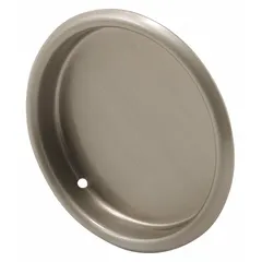 This round recessed handle is made of steel with a black color and satin nickel finish. It features unthreaded mounting holes and is supplied as a single piece. Suitable for use on cabinets, enclosures, and sliding trays in industrial settings.