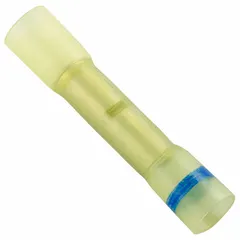 Yellow heat-shrink butt splice connector rated for 600 V, accommodating wire sizes 16 AWG to 10 AWG. Designed for joining two wires end-to-end, the heat-shrink sleeve provides insulation and strain relief. Suitable for electrical wiring, control panels, and maintenance applications requiring a sealed connection.
