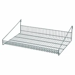 This steel shelf is designed for use with wire grid panels, providing a stable storage surface. It features an epoxy-coated green finish and supports up to 50 lb. Common applications include organizing lightweight items in commercial kitchens, retail displays, and industrial storage areas.