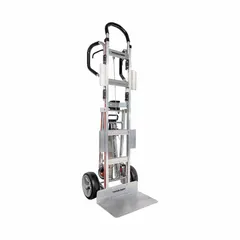 This dual-loop hand truck from MAGLINER is designed for moving heavy loads such as appliances and equipment. It features a 600 lb capacity, 10-inch pneumatic foam wheels for smooth transport, and a self-retracting strap for secure load control. The silver finish and dual-loop handles provide durability and maneuverability in warehouses, retail stores, and delivery settings.