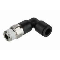 This LEGRIS tube fitting is a 1/4 in MNPT x 1/8 in OD push-to-connect elbow, constructed from nylon and nickel-plated brass in black. It is used in pneumatic systems to connect threaded pipe to flexible tubing, providing a leak-free joint in industrial automation and material handling applications