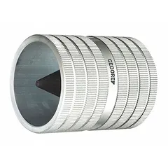 This sleeve-style reamer is used to deburr and smooth the inside edges of metal tubing and conduit after cutting. It accommodates pipe sizes from 3/8 in minimum to 2 1/4 in maximum. The integrated design and stainless steel construction provide corrosion resistance for repeated use in plumbing, electrical, and industrial maintenance applications.