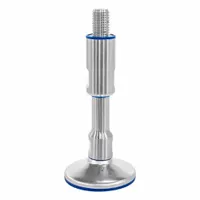 This hygienic male leveling mount features an M24 thread size, 80 mm base diameter, and 15 kN load capacity. It includes an adjustable sleeve with an FDA-compliant wiper and sealing ring, and has a 30 mm hex size on the sleeve. The round base does not include mounting holes. Typical applications include leveling and supporting industrial machinery, conveyors, and processing equipment in environments requiring sanitation