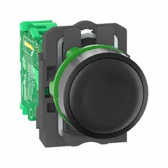 Momentary wireless transmitter with 22 mm panel mounting size. Black plastic bezel and operator. Part of the XB5R series. Suitable for remote control applications in industrial environments such as material handling, packaging lines, and conveyor systems.