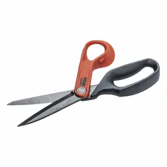 General-purpose plastic-handle scissors with 10-inch overall length. Smooth, sharp steel blades suitable for cutting paper, cardboard, fabric, and light materials. Right-hand design with orange and black handles.