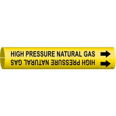 Snap-on pipe marker for identifying high pressure natural gas lines. Yellow background with black legend text. Fits pipe outer diameter from 3/4 to 1-3/8 inches. Includes directional arrows for flow indication.