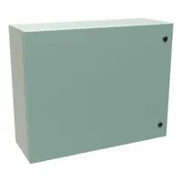 Steel enclosure with solid hinged cover and 1/4-turn latch closure. Measures 24 x 30 x 10 inches. Rated NEMA 12/3R/4 for indoor or outdoor use where protection from dust, rain, and hose-directed water is required. Knockouts not included