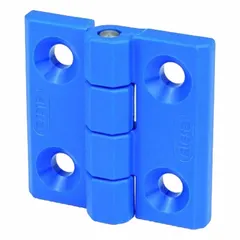 Full surface-mount butt hinge with visually-detectable RAL 5005 Signal Blue color. Constructed with fiberglass-reinforced polyamide and stainless steel. Overall height 40 mm, leaf width 14 mm. Suitable for applications requiring contamination control and easy visual inspection.