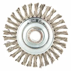 This stainless steel wire wheel brush is designed for weld cleaning on stainless steel surfaces. It removes slag, discoloration, and oxidation from weld beads without contaminating the metal. The brush features a 4-inch diameter, 3/16-inch face width, and a 5/8-11 threaded arbor. Suitable for fabrication, piping, and structural welding applications.