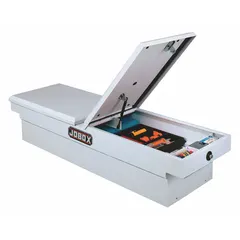 This steel crossover box features a gull wing lid for easy access to stored items. With a 71-inch overall width and white finish, it mounts across truck beds for secure, weather-resistant storage of tools and equipment in fleet and maintenance applications.