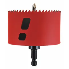This hole saw with attached arbor is designed for cutting holes in multi-material surfaces such as wood, metal, and plastic. It features a 4-inch diameter, 5/6 teeth per inch, a 5/8"-18 thread size, and a maximum cutting depth of 1 7/8 inches. Suitable for general construction, plumbing, and electrical installations requiring clean, precise holes.