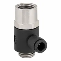 Nylon and nickel-plated brass tube fitting with BSPP male thread and push-to-connect female end. Connects 1/4 mm pipe to 6 mm OD tubing. Used in pneumatic systems for industrial automation, packaging, and material handling applications