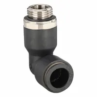 Nylon and nickel-plated brass elbow fitting with push-to-connect on one end and 1/2 in male BSPP thread on the other. Accepts 16 mm outside diameter tube. Used in pneumatic systems for 90° connections in industrial automation, packaging, and material handling