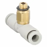 This SMC push-fit tee fitting connects three pneumatic tubes of 4 mm OD and one 5 mm pipe thread, enabling branch or distribution lines in compressed air systems. Constructed of polybutylene and brass, it supports quick, tool-free installation. Overall length is 30 13/16 mm