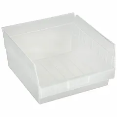 Clear plastic shelf bin for organizing small parts, components, or hardware on industrial shelving. Clear construction allows visual identification of contents. Nesting capability saves space when bins are not in use. Overall length 11 5/8 in. Not electrostatic discharge conductive. Dividers not included.