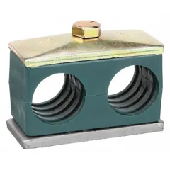 This beta clamp consists of a steel outer clamp with a polypropylene cushion, designed to secure and dampen vibration for two parallel lines. The ribbed bore enhances grip and reduces noise and wear. Typical applications include routing hydraulic tubes, pneumatic pipes, and other fluid or air lines in industrial machinery.