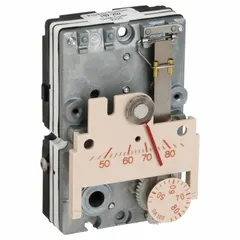 Pneumatic thermostat with direct action for single-temperature control in HVAC systems. Features 2-pipe high volume air flow output, temperature range 45° to 85°F, and vertical mounting without cover.
