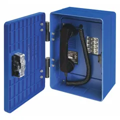 Surface-mount rugged telephone with keypad and PSTN connectivity. Constructed of corrosion-resistant armored plastic in blue. Division 2 Approved for use in hazardous outdoor environments. Includes handset cord.