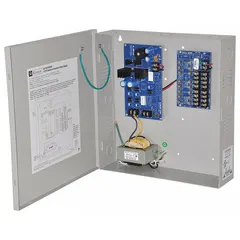 This power supply board with steel enclosure accepts 115V AC input and delivers adjustable 6-15VDC at 4A total across eight fused outputs. It provides regulated DC power for industrial control panels, security systems, and access control installations requiring reliable power distribution.