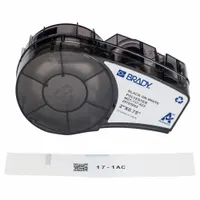 Combined label and ribbon cartridge containing 73 acrylic labels with permanent adhesive, sized 3/4 in x 2 in. Halogen-free material. Compatible with Brady M210 printer series. Used for industrial identification such as asset tagging, cable marking, and safety labeling
